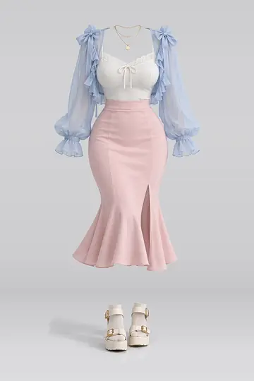 AI 生成服装参考图 SPR-0007:春,蓝、缎带、雪纺、吊带衫、粉、中长