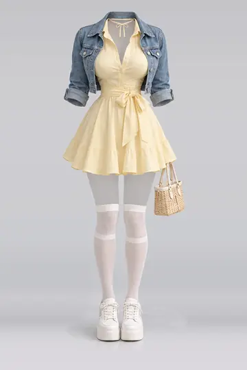 AI 生成服装参考图 SPR-0010:春,黄、缎带、衬衫、连衣裙、牛仔布、夹克