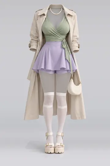 AI 生成服装参考图 SPR-0011:春,绿、迷你、半身裙、短裤、大衣、象牙白