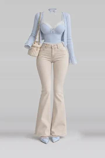 AI 生成服装参考图 SPR-0013:春,蓝、蕾丝、吊带衫、开衫、米色、牛仔布