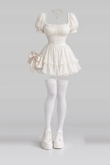 AI 生成服装参考图 SPR-0014:春,象牙白、迷你、连衣裙、白、短袜、运动鞋