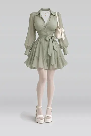 AI 生成服装参考图 SPR-0016:春,绿、缎带、衬衫、连衣裙、米色、连裤袜