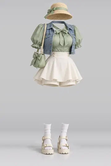 AI 生成服装参考图 SPR-0017:春,绿、女式衬衫、缎带、象牙白、迷你、半身裙