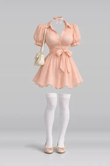 AI 生成服装参考图 SPR-0018:春,缎带、衬衫、连衣裙、白、短袜、米色
