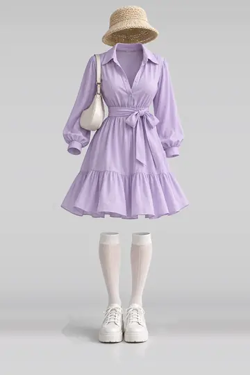 AI 生成服装参考图 SPR-0021:春,缎带、衬衫、连衣裙、象牙白、短袜、白