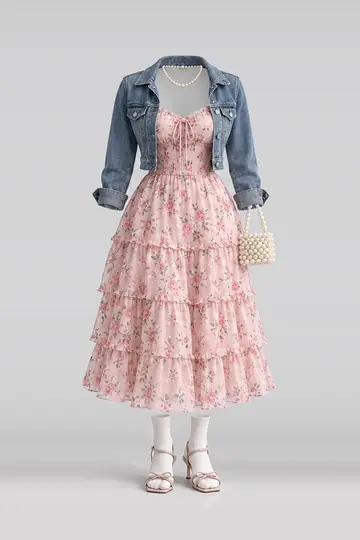 AI 生成服装参考图 SPR-0023:春,粉、花卉、中长、连衣裙、牛仔布、夹克