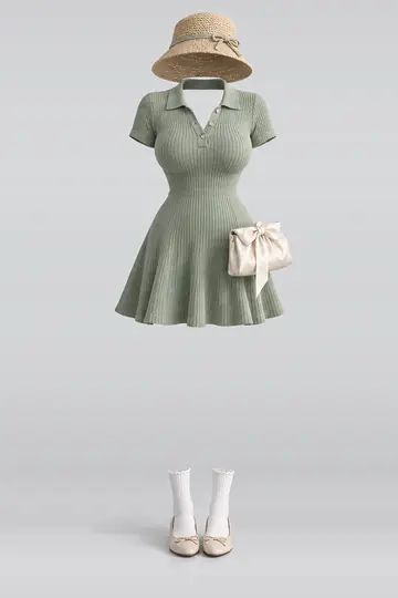 AI 生成服装参考图 SPR-0026:春,绿、针织、连衣裙、白、短袜、米色