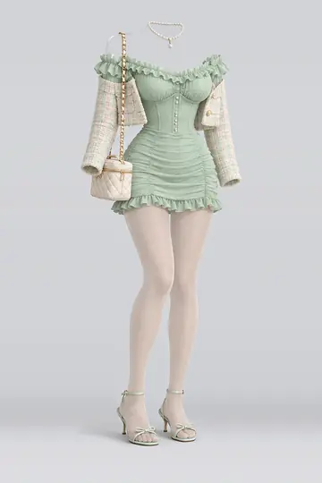 AI 生成服装参考图 SPR-0029:春,薄荷绿、绿、荷叶边、束身衣、连衣裙、夹克