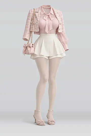 AI 生成服装参考图 SPR-0030:春,粉、女式衬衫、象牙白、迷你、半身裙、短裤