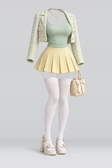 AI 生成服装参考图 SPR-0032:春,薄荷绿、绿、针织、黄、百褶、迷你