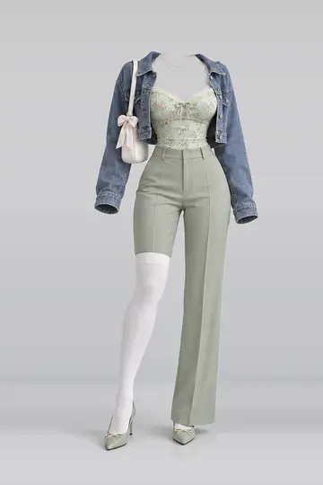 AI 生成服装参考图 SPR-0034:春,薄荷绿、绿、花卉、吊带衫、开衫、长裤