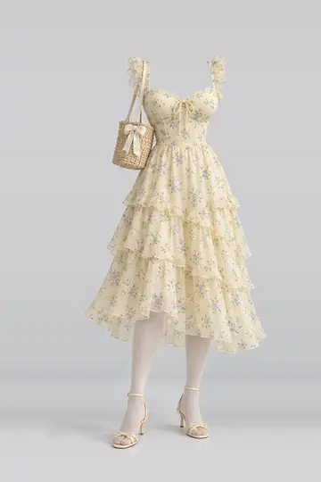 AI 生成服装参考图 SPR-0035:春,黄、花卉、中长、连衣裙、米色、连裤袜
