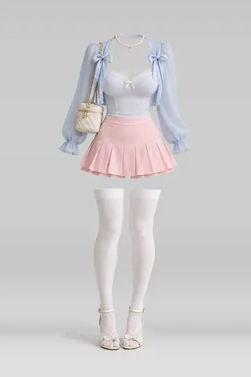 AI 生成服装参考图 SPR-0037:春,蓝、缎带、雪纺、吊带衫、粉、百褶
