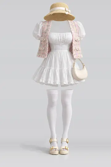 AI 生成服装参考图 SPR-0043:春,白、迷你、连衣裙、夹克、短袜、凉鞋