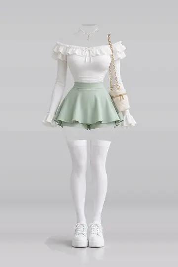 AI 生成服装参考图 SPR-0045:春,白、荷叶边、针织、薄荷绿、绿、迷你