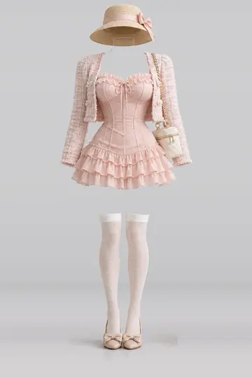 AI 生成服装参考图 SPR-0046:春,粉、荷叶边、束身衣、连衣裙、夹克、象牙白