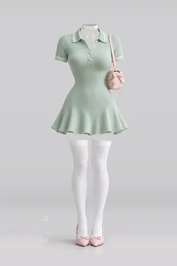 AI 生成服装参考图 SPR-0048:春,薄荷绿、绿、针织、连衣裙、白、短袜