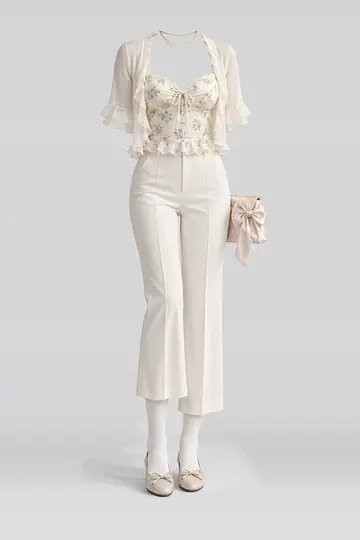 AI 生成服装参考图 SPR-0050:春,奶油色、花卉、吊带衫、开衫、象牙白、长裤
