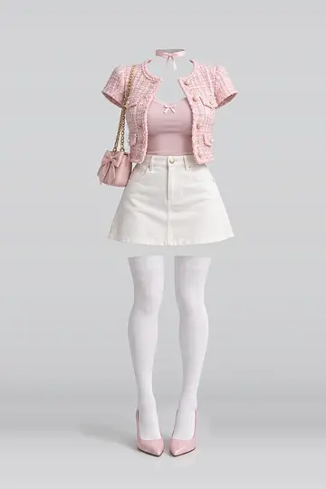 AI 生成服装参考图 SPR-0058:春,粉、夹克、吊带衫、象牙白、牛仔布、迷你