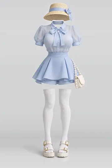 AI 生成服装参考图 SPR-0059:春,蓝、女式衬衫、迷你、半身裙、短裤、白