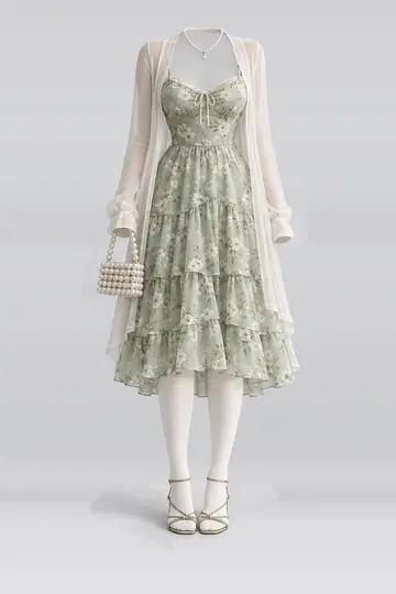 AI 生成服装参考图 SPR-0061:春,薄荷绿、绿、花卉、中长、连衣裙、开衫