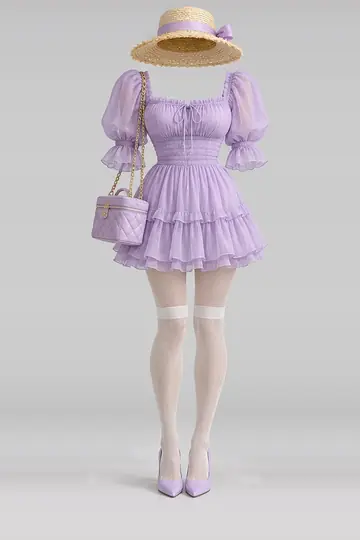 AI 生成服装参考图 SPR-0066:春,迷你、连衣裙、象牙白、短袜、单鞋、包