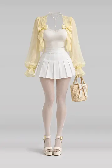 AI 生成服装参考图 SPR-0067:春,黄、缎带、雪纺、吊带衫、白、百褶