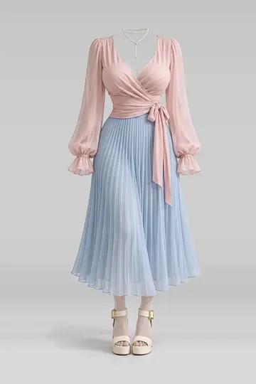 AI 生成服装参考图 SPR-0068:春,粉、蓝、百褶、中长、半身裙、凉鞋