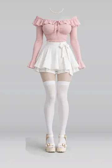 AI 生成服装参考图 SPR-0071:春,粉、荷叶边、针织、白、迷你、半身裙