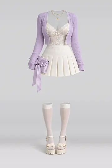 AI 生成服装参考图 SPR-0073:春,针织、开衫、蕾丝、吊带衫、象牙白、百褶