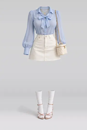 AI 生成服装参考图 SPR-0076:春,蓝、女式衬衫、象牙白、牛仔布、迷你、半身裙