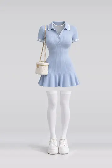 AI 生成服装参考图 SPR-0078:春,蓝、针织、连衣裙、白、短袜、运动鞋