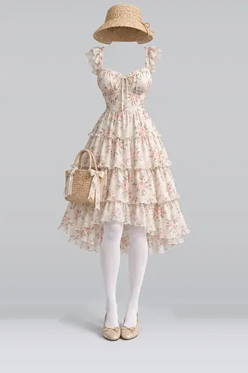 AI 生成服装参考图 SPR-0082:春,象牙白、花卉、中长、连衣裙、白、短袜