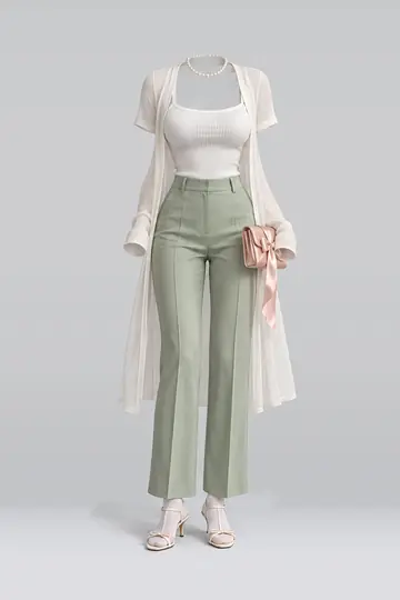 AI 生成服装参考图 SPR-0083:春,白、针织、绿、长裤、开衫、象牙白