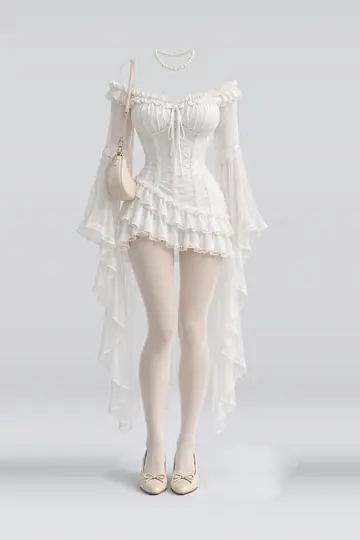 AI 生成服装参考图 SPR-0085:春,白、荷叶边、束身衣、连衣裙、开衫、米色