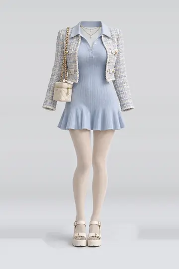 AI 生成服装参考图 SPR-0086：春，蓝、针织、连衣裙、夹克、米色、连裤袜