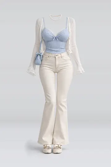 AI 生成服装参考图 SPR-0087:春,蓝、蕾丝、吊带衫、开衫、奶油色、牛仔布