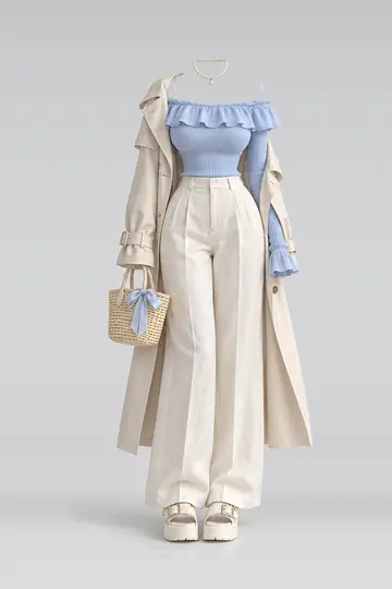 AI 生成服装参考图 SPR-0090:春,蓝、荷叶边、针织、奶油色、长裤、大衣