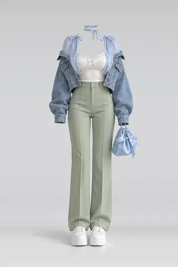 AI 生成服装参考图 SPR-0091：春，蓝、缎带、雪纺、吊带衫、绿、长裤