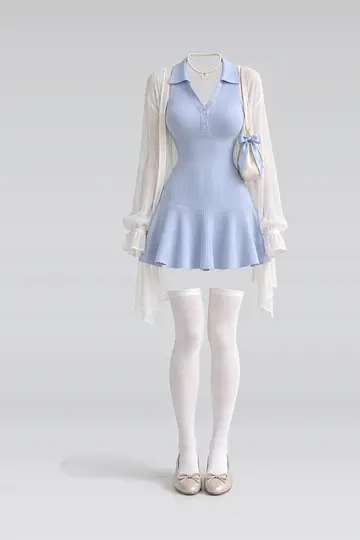 AI 生成服装参考图 SPR-0092:春,蓝、针织、连衣裙、开衫、白、短袜