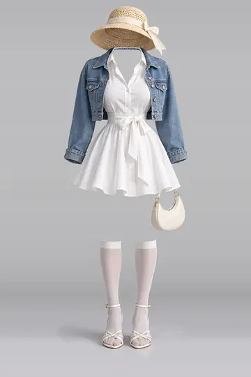 AI 生成服装参考图 SPR-0094:春,白、缎带、衬衫、连衣裙、牛仔布、夹克