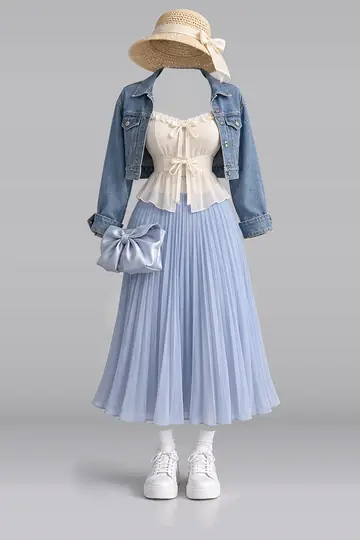 AI 生成服装参考图 SPR-0095：春，象牙白、缎带、雪纺、吊带衫、蓝、百褶