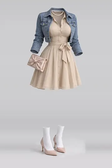 AI 生成服装参考图 SPR-0097:春,米色、缎带、衬衫、连衣裙、牛仔布、夹克