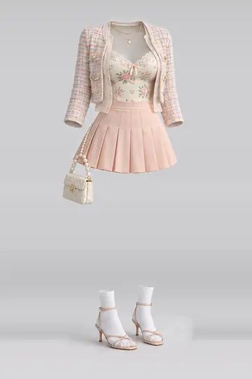 AI 生成服装参考图 SPR-0098:春,奶油色、花卉、吊带衫、开衫、百褶、迷你