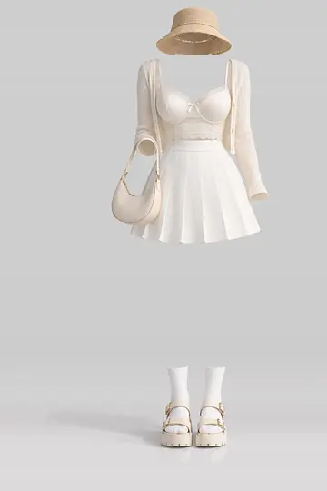 AI 生成服装参考图 SPR-0108:春,奶油色、蕾丝、吊带衫、开衫、白、百褶