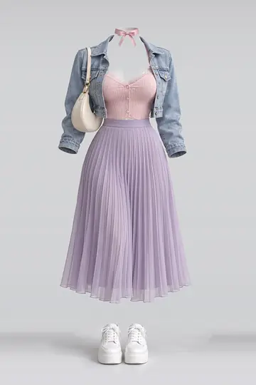 AI 生成服装参考图 SPR-0109：春，粉、针织、开衫、蕾丝、吊带衫、百褶