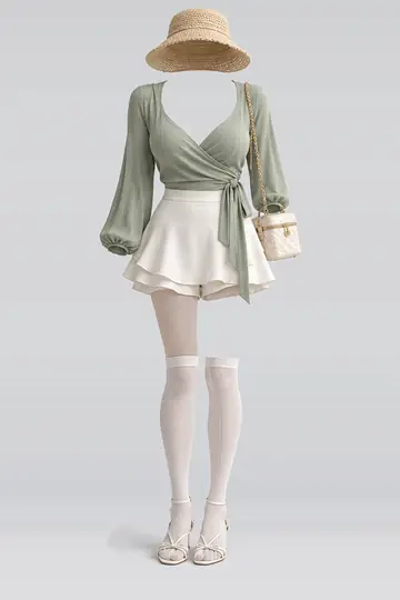 AI 生成服装参考图 SPR-0112:春,绿、象牙白、迷你、半身裙、短裤、短袜
