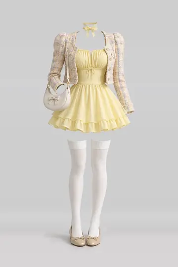 AI 生成服装参考图 SPR-0113:春,黄、迷你、连衣裙、夹克、白、短袜