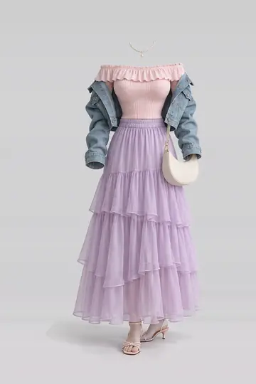AI 生成服装参考图 SPR-0116：春，粉、荷叶边、针织、半身裙、牛仔布、夹克