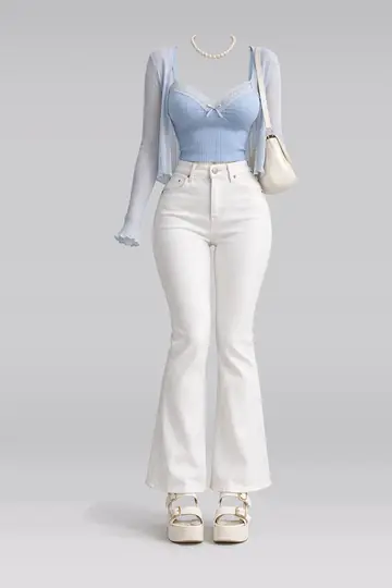 AI 生成服装参考图 SPR-0120:春,蓝、蕾丝、吊带衫、开衫、白、牛仔布